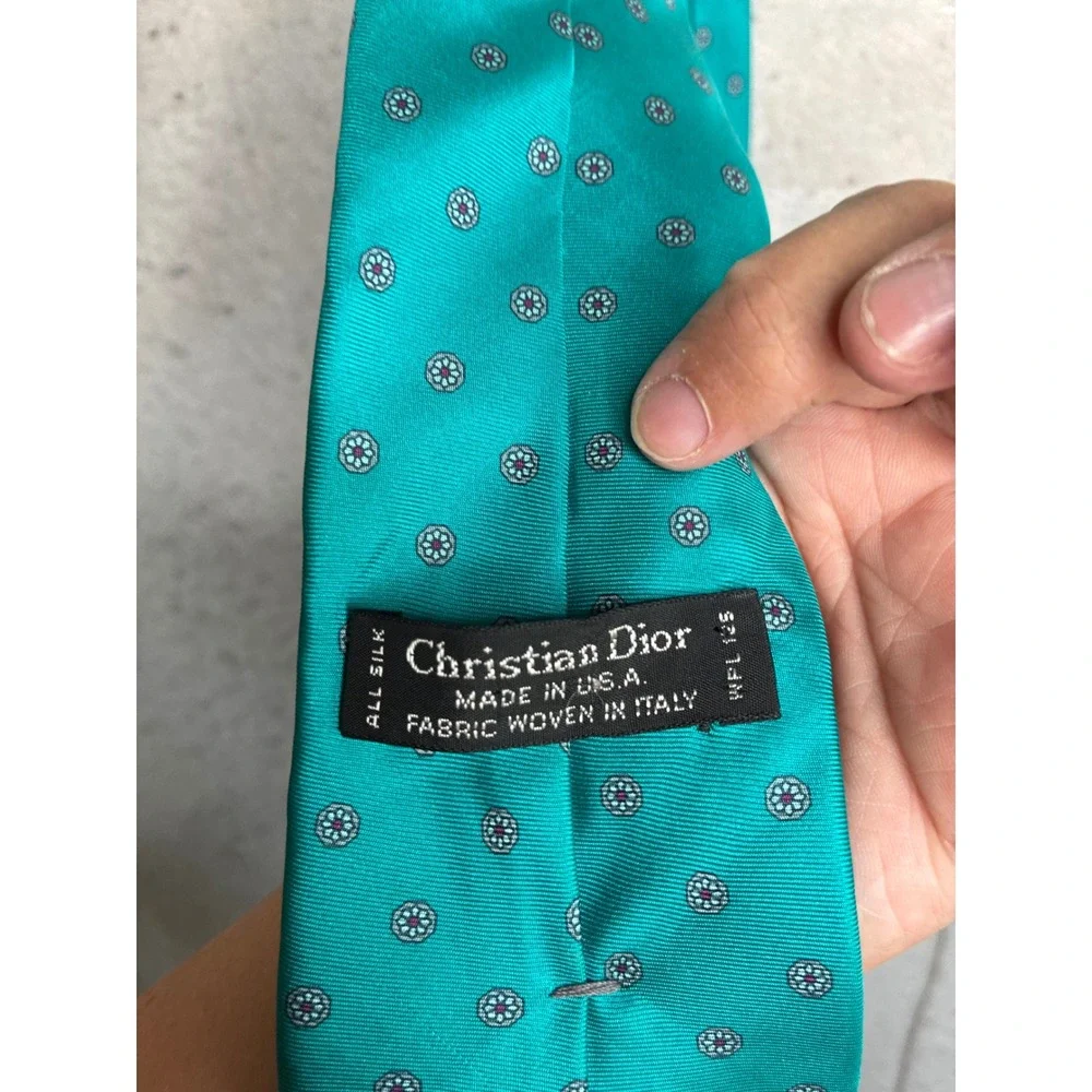 Christian Dior Silk Tie Teal Green Geometric Medallion Made in USA Italy Fabric